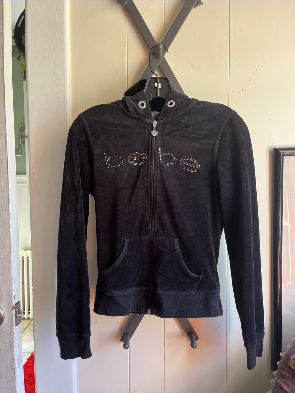 2000s Vintage Bebe Black Rhinestone Logo Zip Hoodie